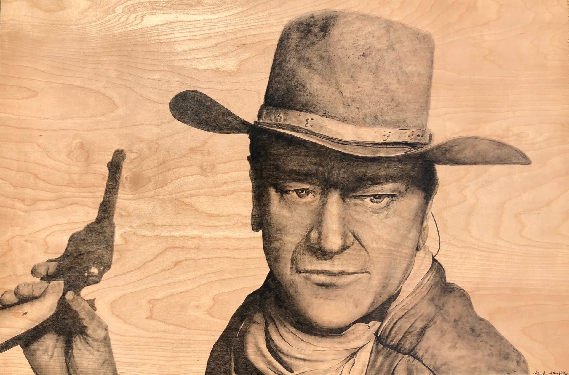 John Wayne — wood stain art on Birch plywood, 2018