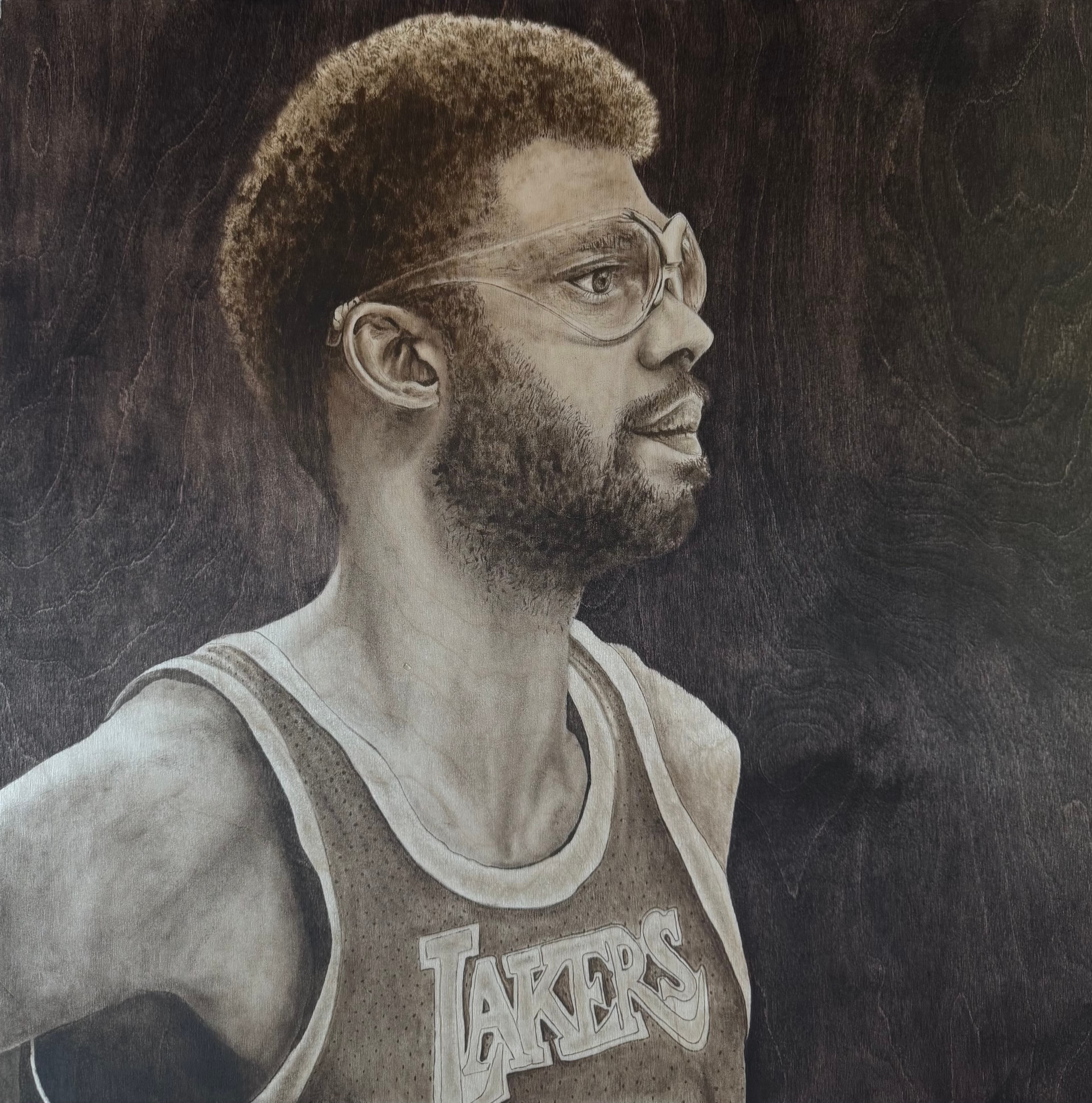 Kareem Abdul-Jabbar — wood stain art on Birch plywood, 2026