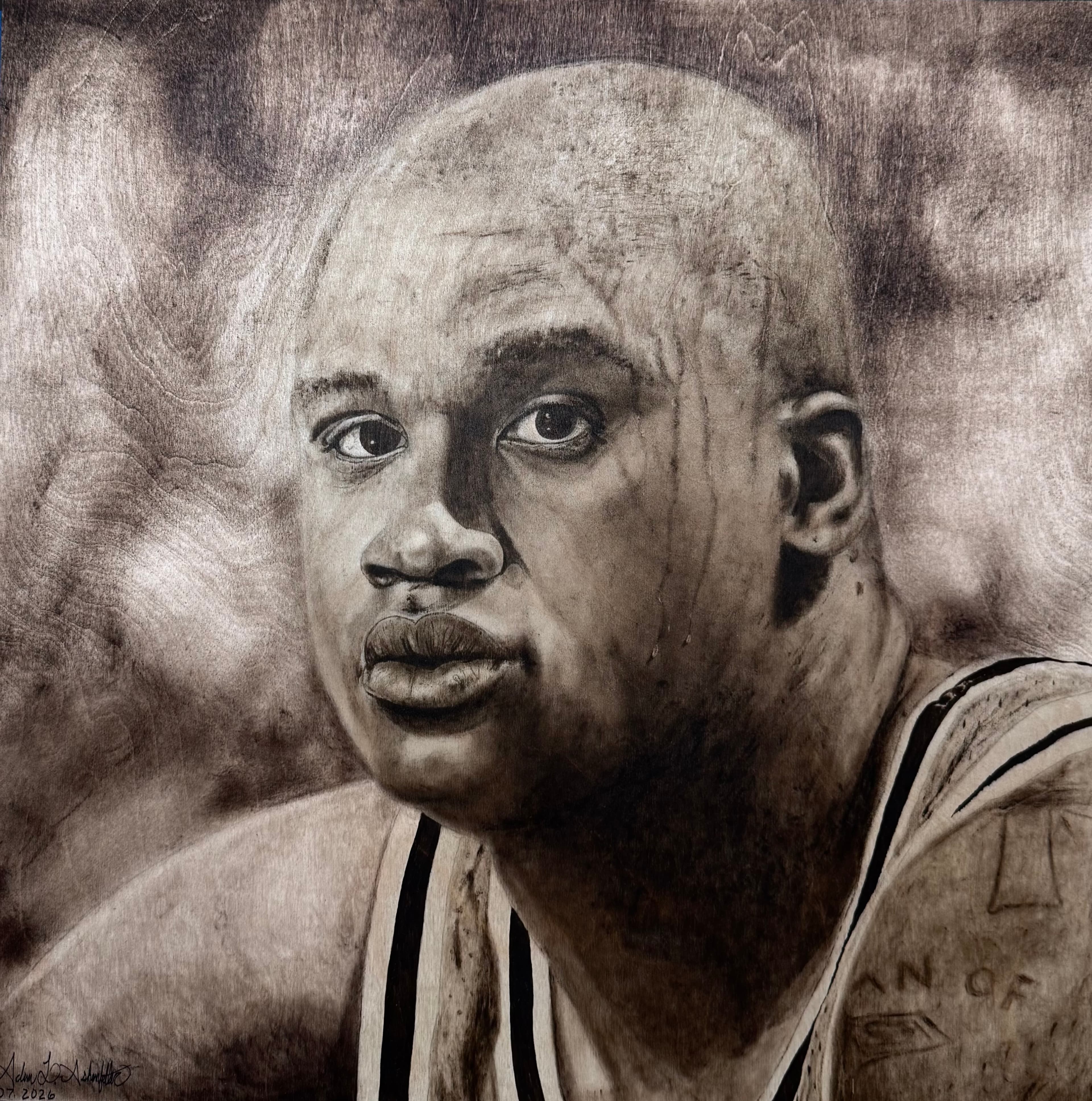 Shaquille O'Neal — wood stain art on Birch plywood, 2026