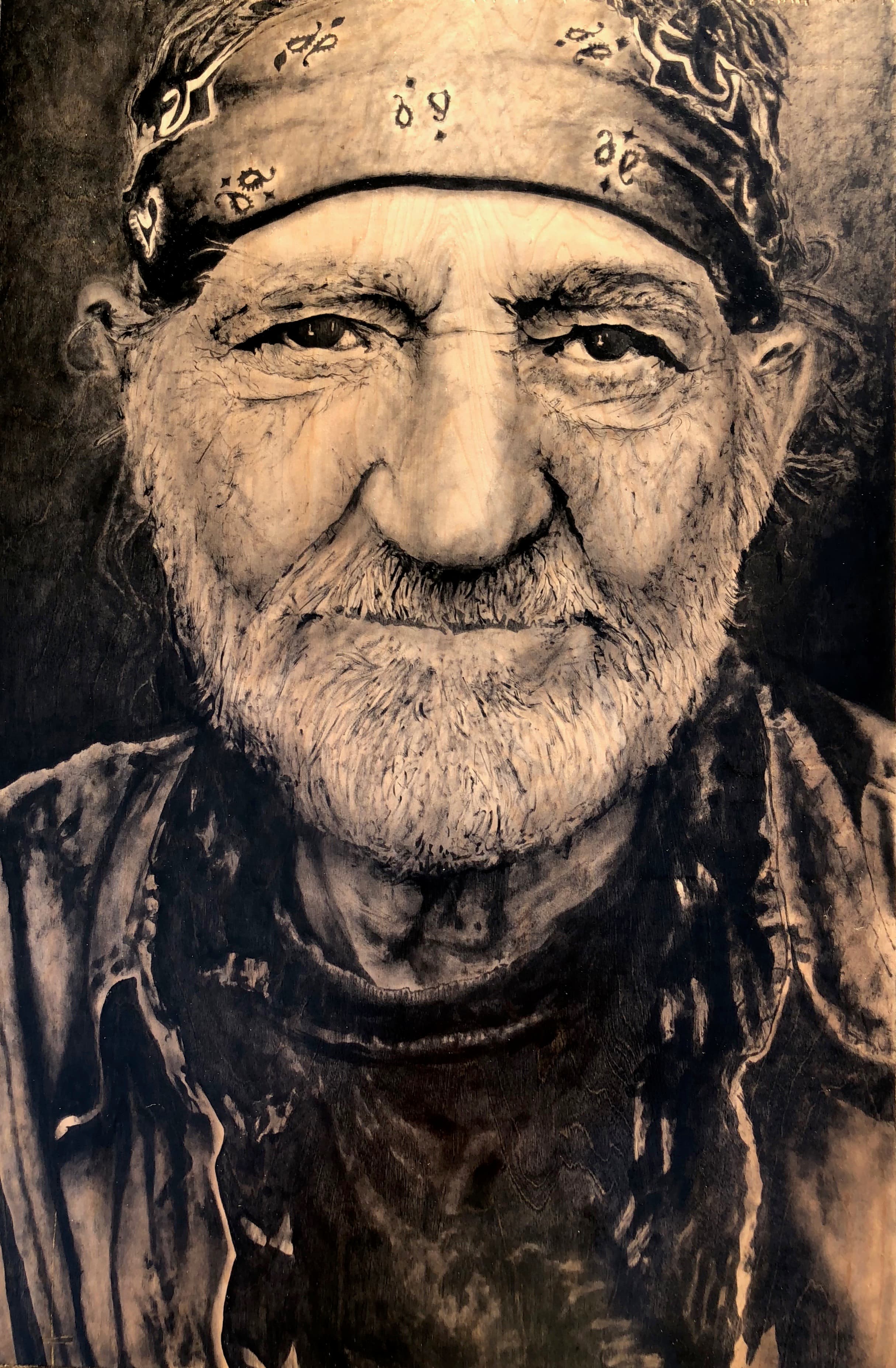 Willie Nelson — wood stain art on Birch plywood, 2018