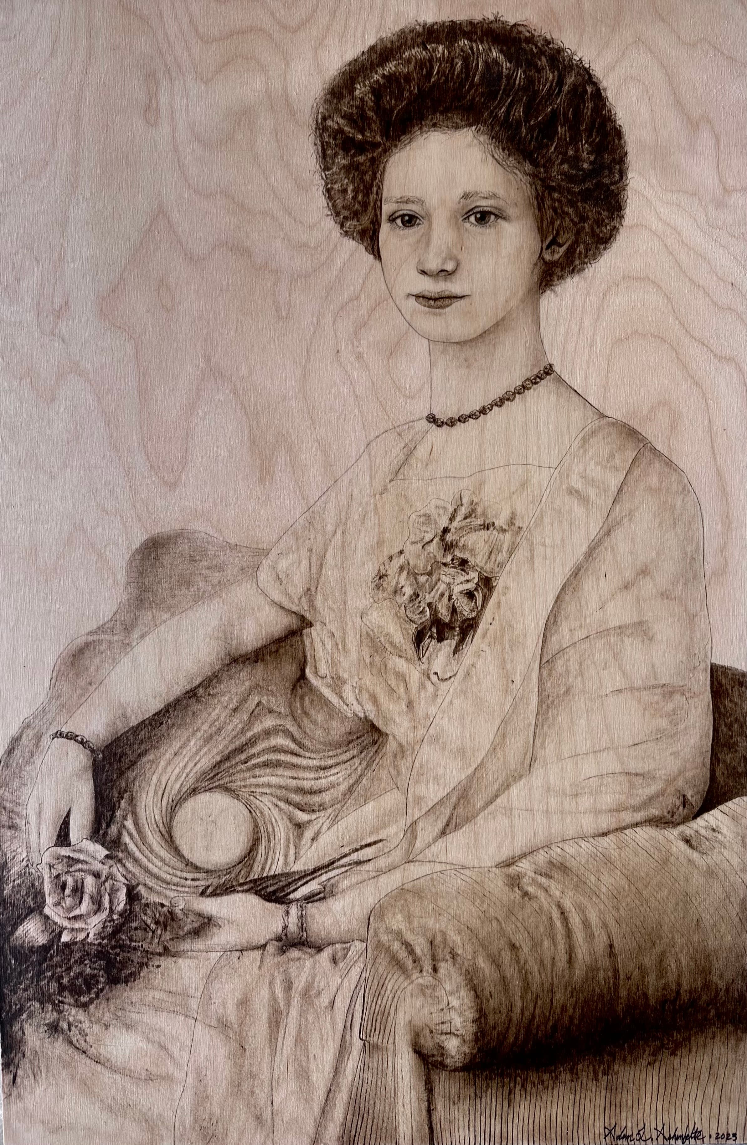 Zita of Bourbon-Parma — wood stain art on Birch plywood, 2023